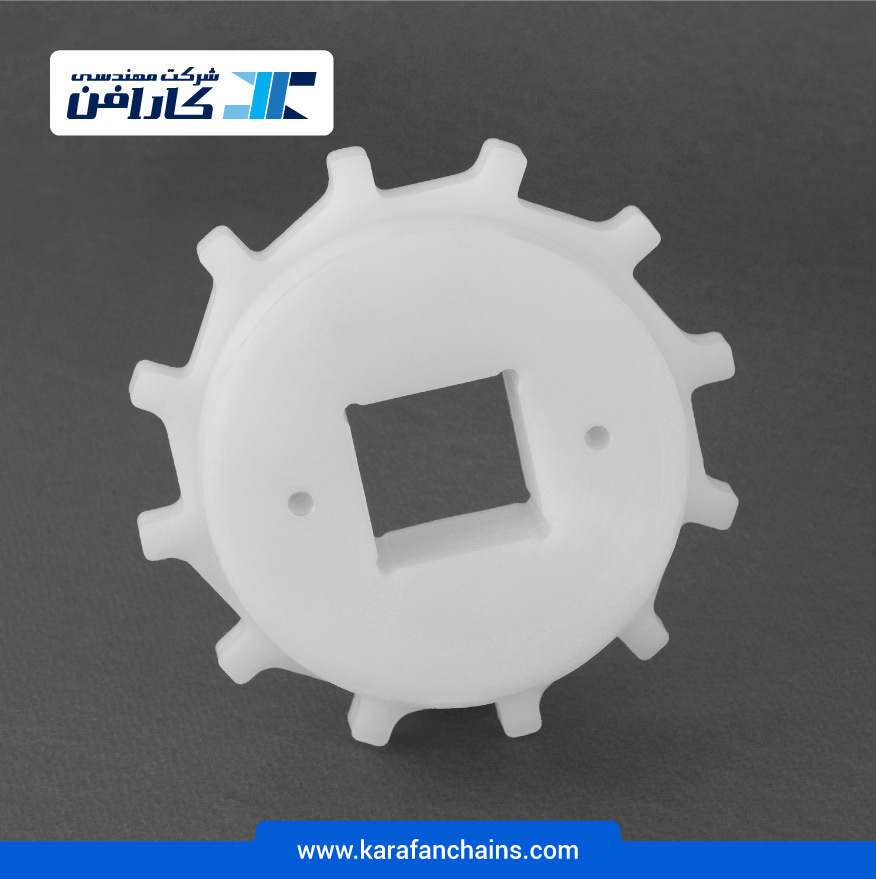 چرخ زنجیر گام 1.5 اینچ 12 دندانه، قطر 145 میلیمتر با سوراخ 40×40 میلیمتر و ضخامت دنده 10 میلیمتر در کارافن